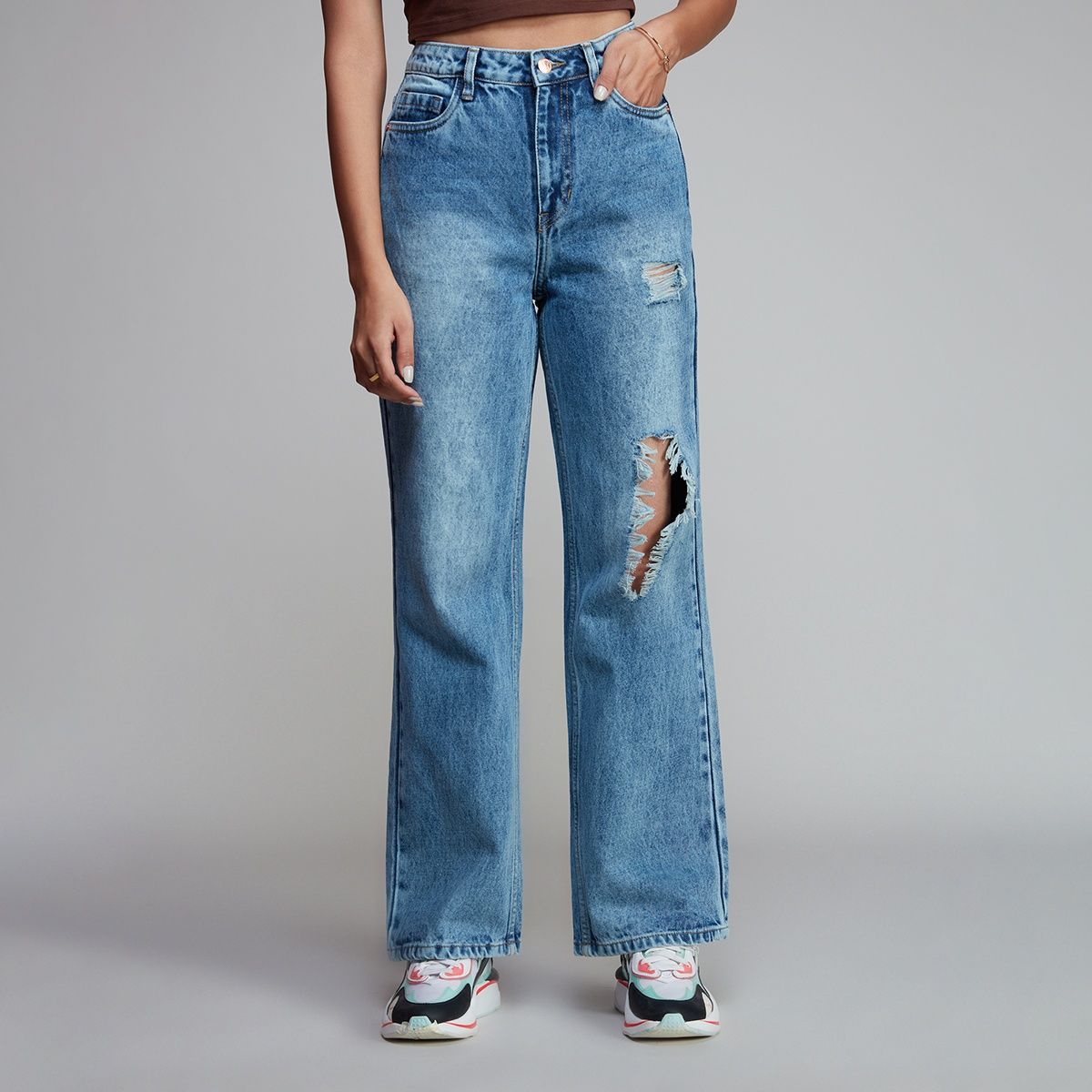 Buy Women Wide Leg Denim Pants High Waist Straight Oversized Plus Size  Baggy Flared Jeans Trousers (Dark Blue, M) at Amazon.in